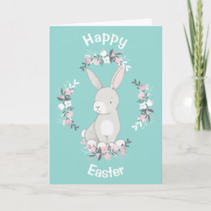 Carte Couronne de Pâques lapin rose sarcelle