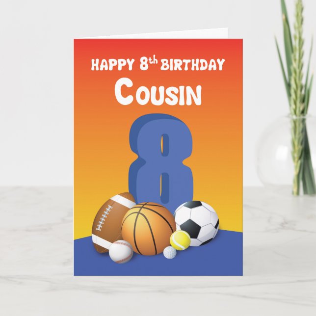 Carte Cousin Boy 8e anniversaire Sports Balls (Devant)