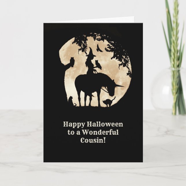 Carte Cousin Halloween sorcière et familiers magique (Devant)