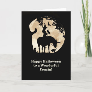 Carte Cousin Halloween sorcière et familiers magique