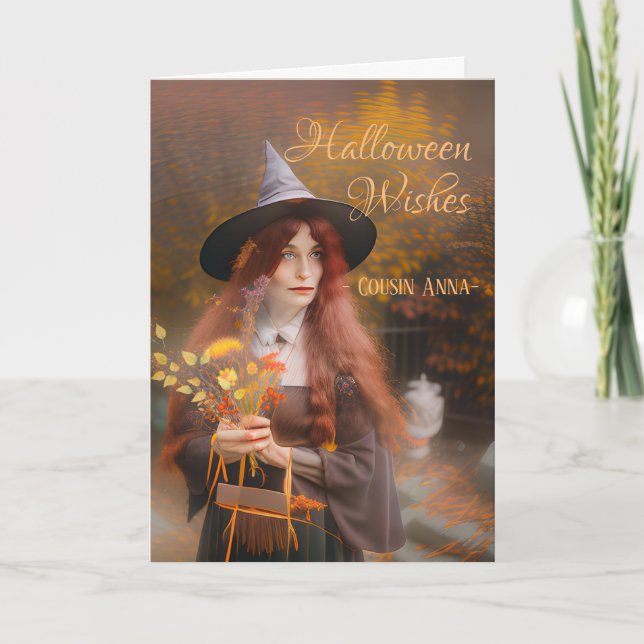 Carte Cousin Halloween Voeux Sorcière et Bouquet d'autom (Devant)