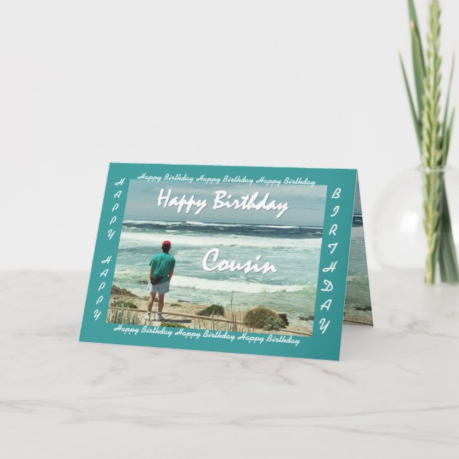 Carte COUSIN Joyeux Anniversaire - L'homme et les vagues (Devant)