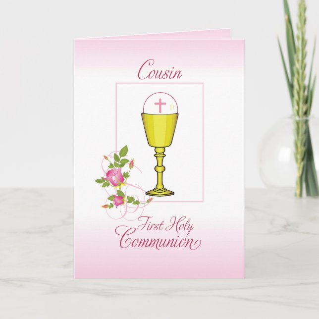 Carte Cousin Pink Première Communion Sainte, Chalice, Hô (Devant)