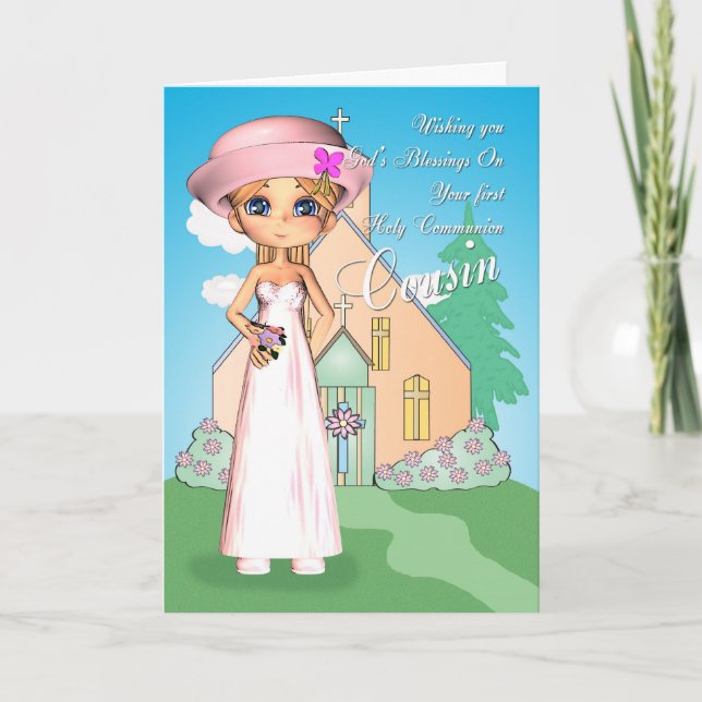 Carte Cousin première communion sainte petite fille et é (Devant)