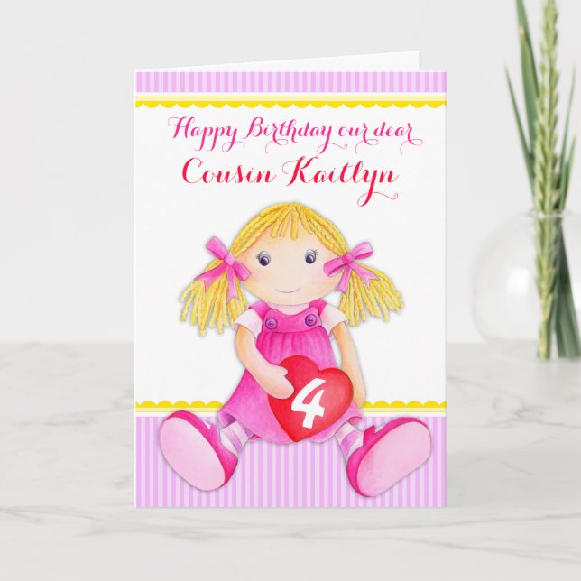 Carte cousin rag doll art 4 birthday card (Devant)