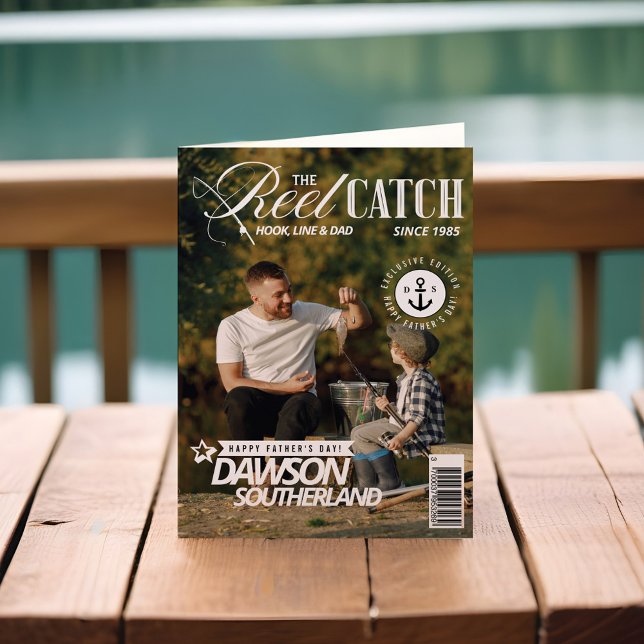 Carte Couverture de magazine photo de pêche pour papa, f (Fun Father's Day Dad Fishing Photo Magazine Cover Card)