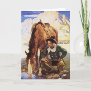 Carte Cowboy arroser son cheval par NC Wyeth, Art Vintag
