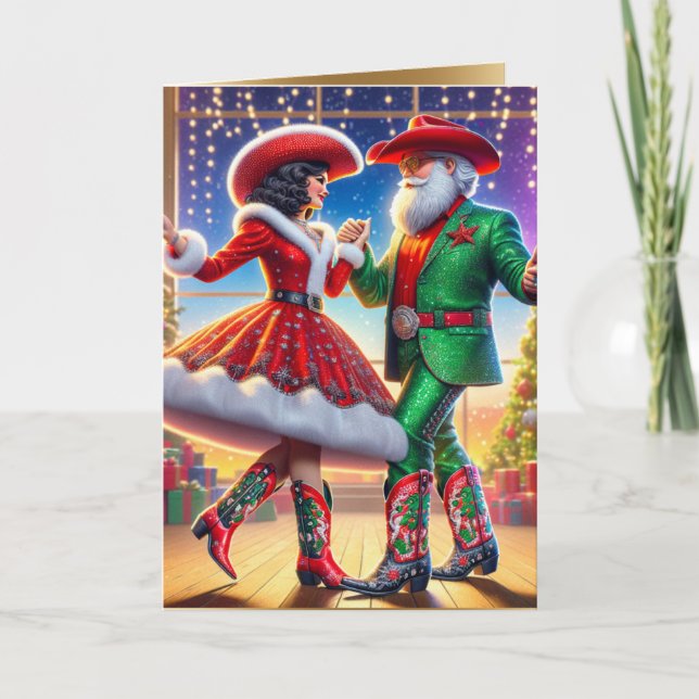 Carte Cowboy Cowgirl Père Noël Country Dancers Noël (Devant)