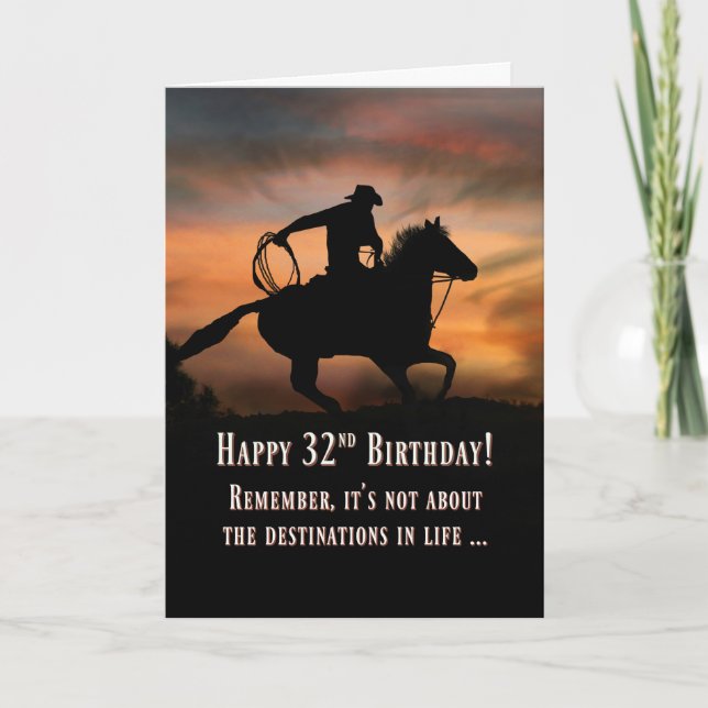 Carte Cowboy Et Cheval Joyeux 32e Anniversaire (Devant)