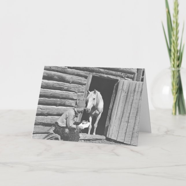 Carte Cowboy lisant une lettre avec un cheval (Devant)