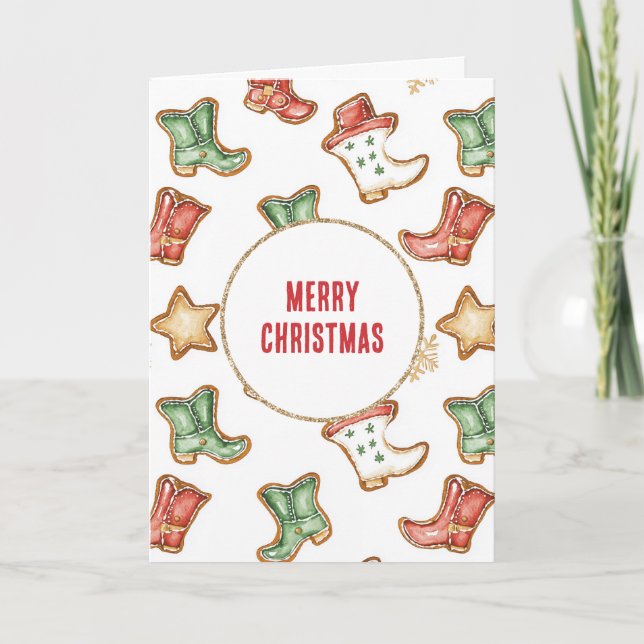 Carte Cowboy Western Cowgirl Red Green Boots Noël (Devant)