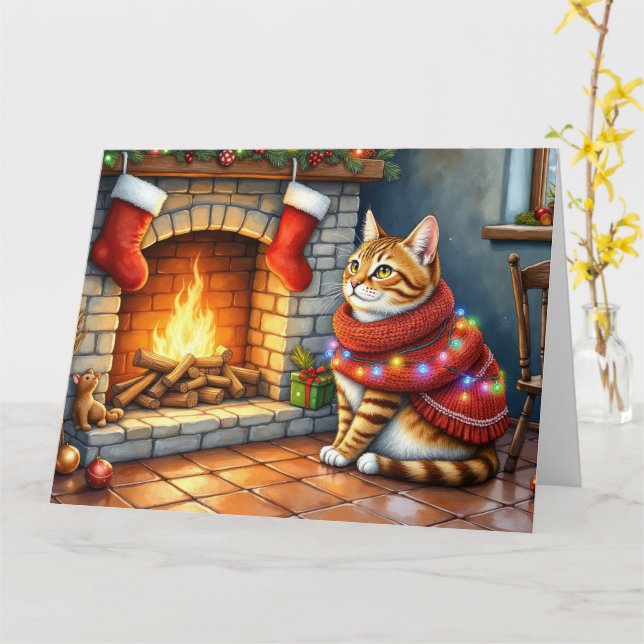 Carte Cozy Abyssinian Cat by Fireplace Christmas Lights (Fleur jaune)
