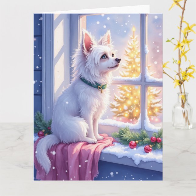 Carte Cozy Maltese by Snowy Window Christmas Dog Art (Fleur jaune)
