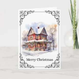 Carte Cozy Snowy Victorian House – Merry Christmas Card