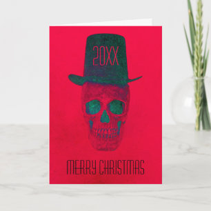 Carte Crâne avec chapeau rouge vert Halloween Noël
