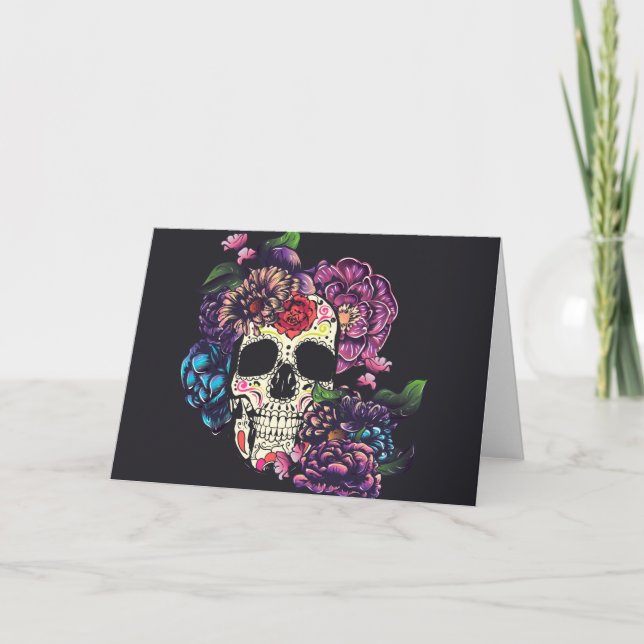 Carte Crâne de jour des morts avec des fleurs (Devant)
