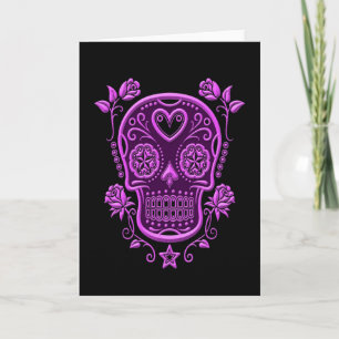 Carte Crâne de sucre pourpre avec Roses sur noir