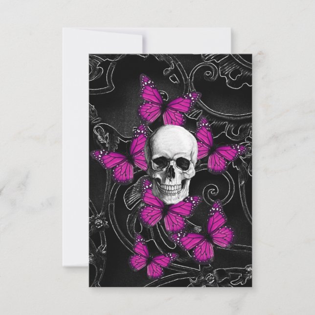 Carte crâne d'Imaginaire et papillons roses chauds (Devant)