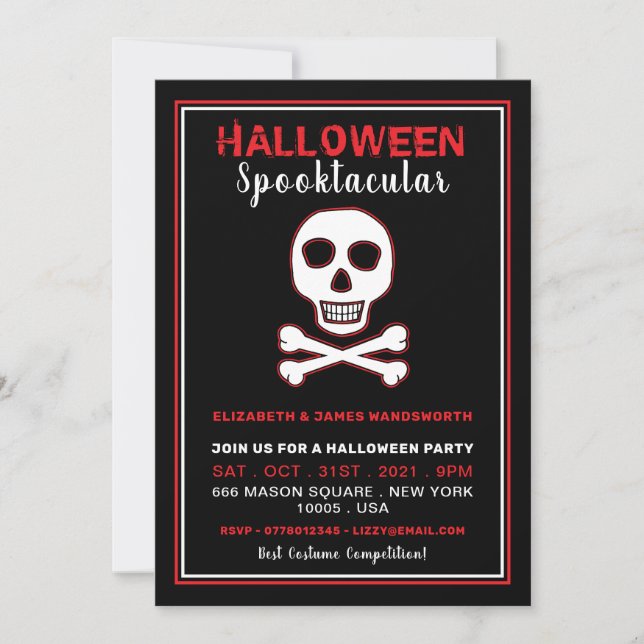 Carte Crâne et os, fête d'Halloween rouge (Devant)