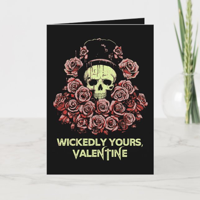 Carte Crâne gothique de la Saint-Valentin avec des roses (Devant)