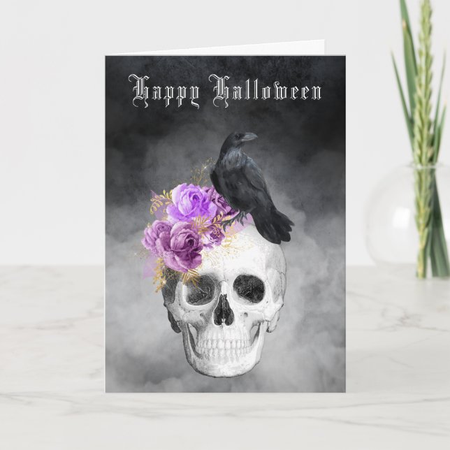 Carte Crâne gothique et corbeau Halloween vacances (Devant)