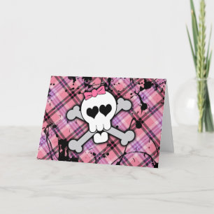 Carte Crâne rose et os croisés avec Coeurs et Bow