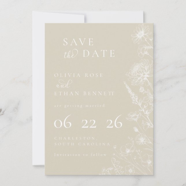 Carte Cream Botanical Minimal Wedding Save the Date (Devant)