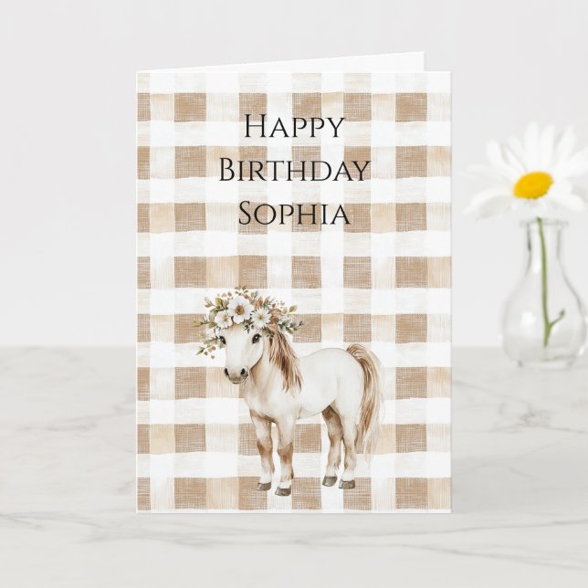 Carte Cream White Plaid Stripes Floral Horse Birthday (Petite plante)