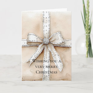 Carte Crème Blanc Argent Glitzy Glam Bow Noël