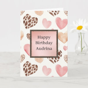 Carte Crème Rose Fard Léopard Coeurs Anniversaire