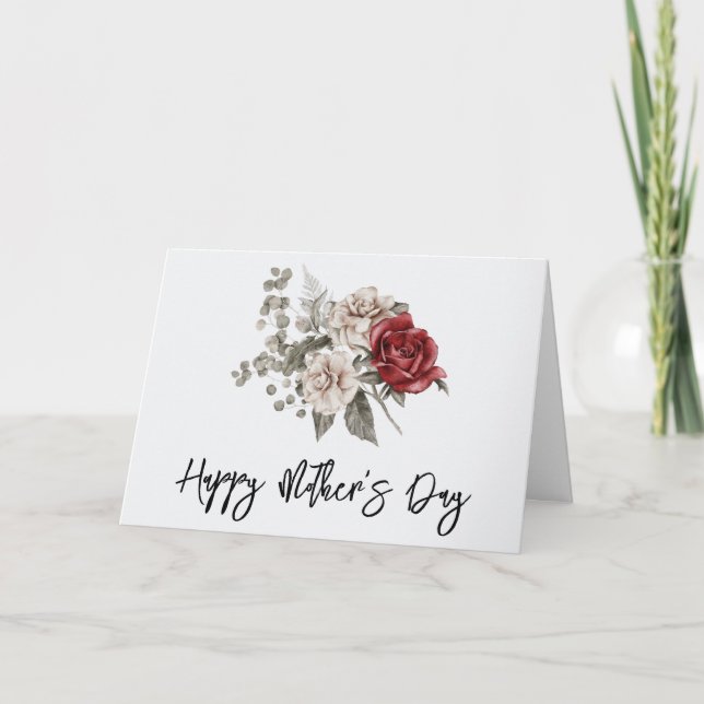 Carte Crème & Rose rouge Boho Fleur Bouquet Fête des Mèr (Devant)