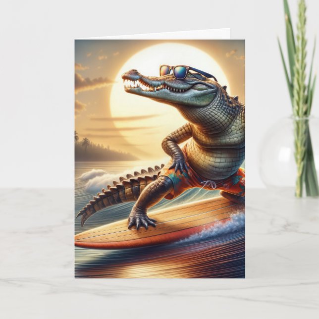 Carte Crocodile d'anniversaire sur une planche de surf (Devant)