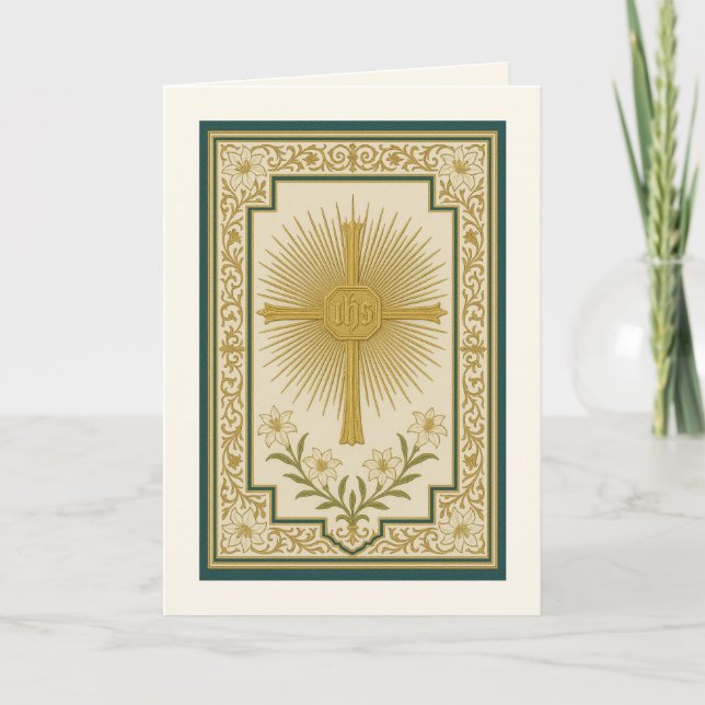 Carte Croix Christogramme IHS Lys Catholique Élégant (Devant)