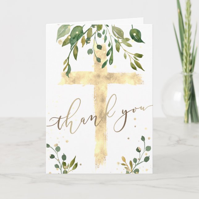 Carte croix de feuille de verdure et faux or |Merci (Devant)