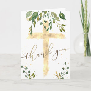 Carte croix de feuille de verdure et faux or  Merci