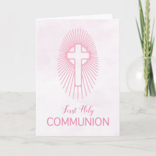 Carte Croix de Première Sainte Communion Rose Hostie Ray