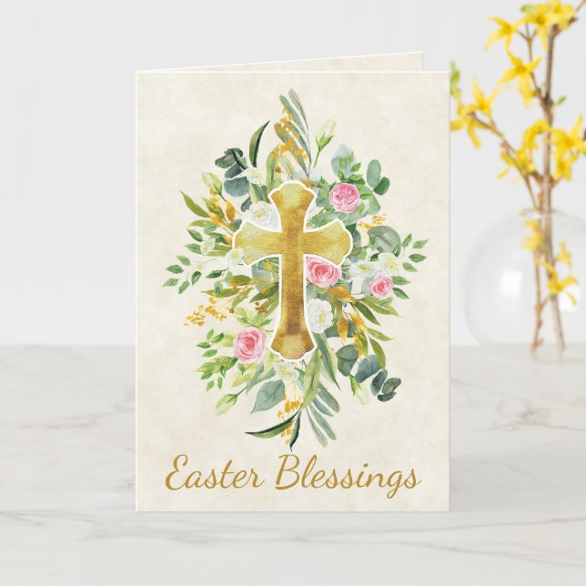Carte Croix d'or et roses roses sur mesure Pâques (Fleur jaune)