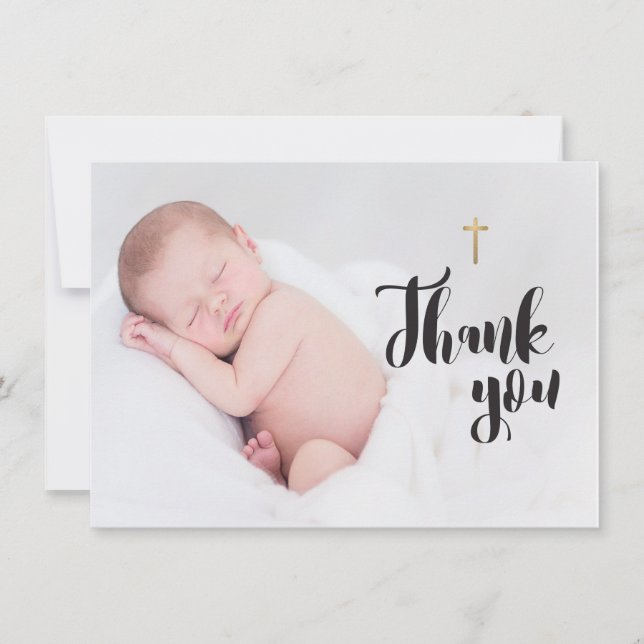Carte Croix d'or Merci bébé photo Baptême (Devant)
