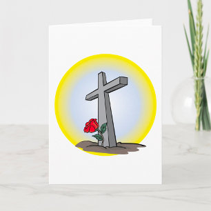 Carte Croix funéraire religieuse avec rose rouge