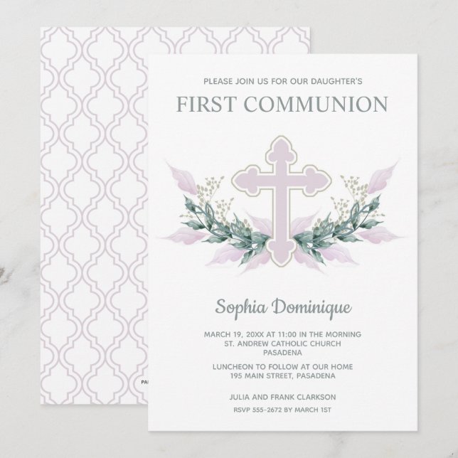 Carte Croix rose et couronne première communion Invitati (Devant / Derrière)