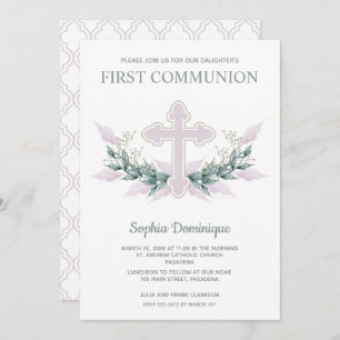 Carte Croix rose et couronne première communion Invitati