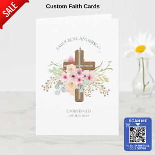 Carte Croix rose florale Bouquet Girl Baptême Christenin