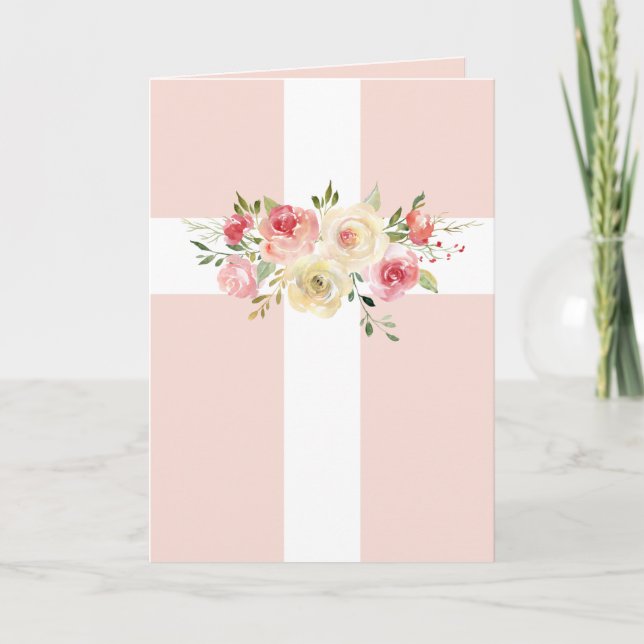 Carte Croix Sainte blanche et bouquet (Devant)
