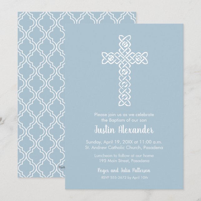 Carte Croix sur le Baptême bleu acier, Christening Invit (Devant / Derrière)