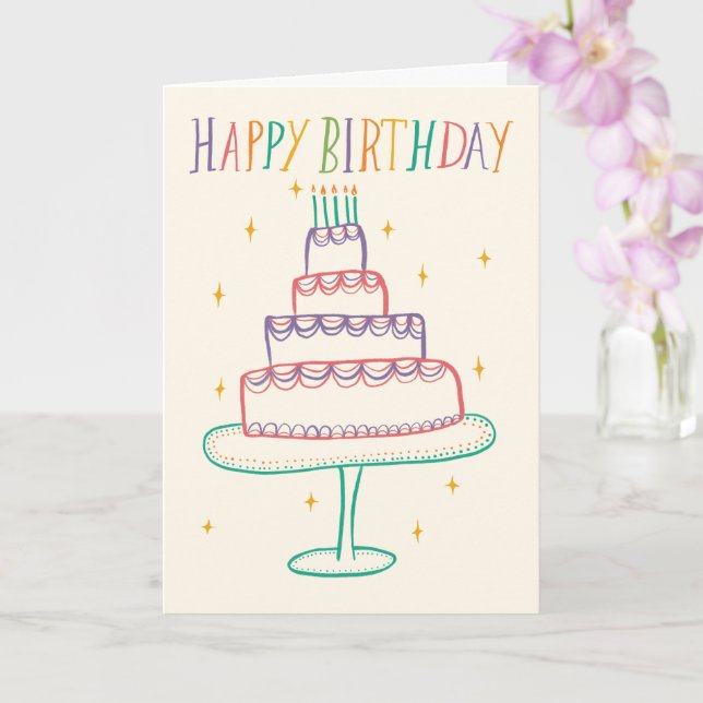 Carte Croquis de gâteau d'anniversaire joyeux et coloré (Orchidée)