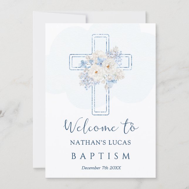 Carte Cross Blue Floral Welcome to Baptism Announcement (Devant)