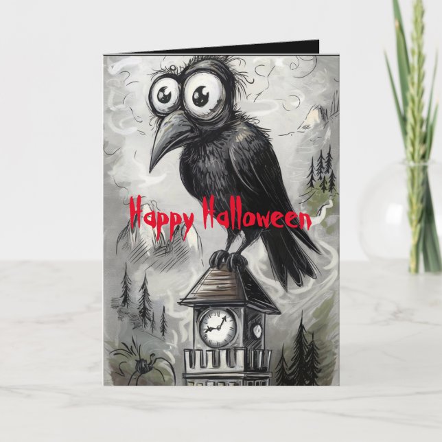 Carte Crow noir gothique et tour Halloween Éffrayant (Devant)