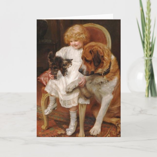 Carte Cru - une fille, un St Bernard et un chaton, (Devant)