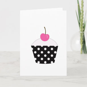 Carte Cupcake à croûte noire et blanche avec cerise rose