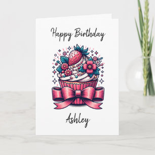 Carte Cupcake aux fraises personnalisé   Joyeux annivers